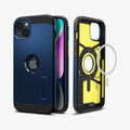 ACS05064 - iPhone 14 Case Tough Armor (MagFit) in navy blue showing the back, front and magsafe layer of back