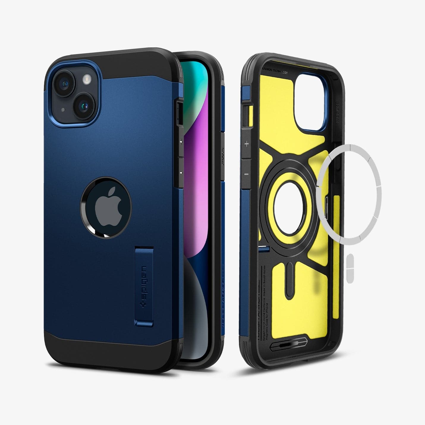 ACS05064 - iPhone 14 Case Tough Armor (MagFit) in navy blue showing the back, front and magsafe layer of back