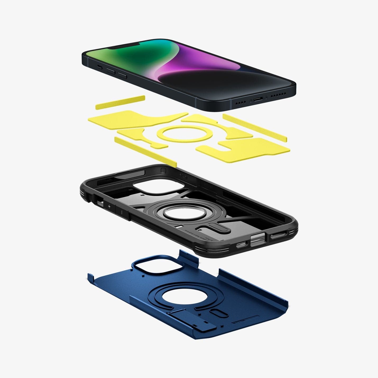 ACS05064 - iPhone 14 Case Tough Armor (MagFit) in navy blue showing the hard pc, flexible tpu, impact foam and device