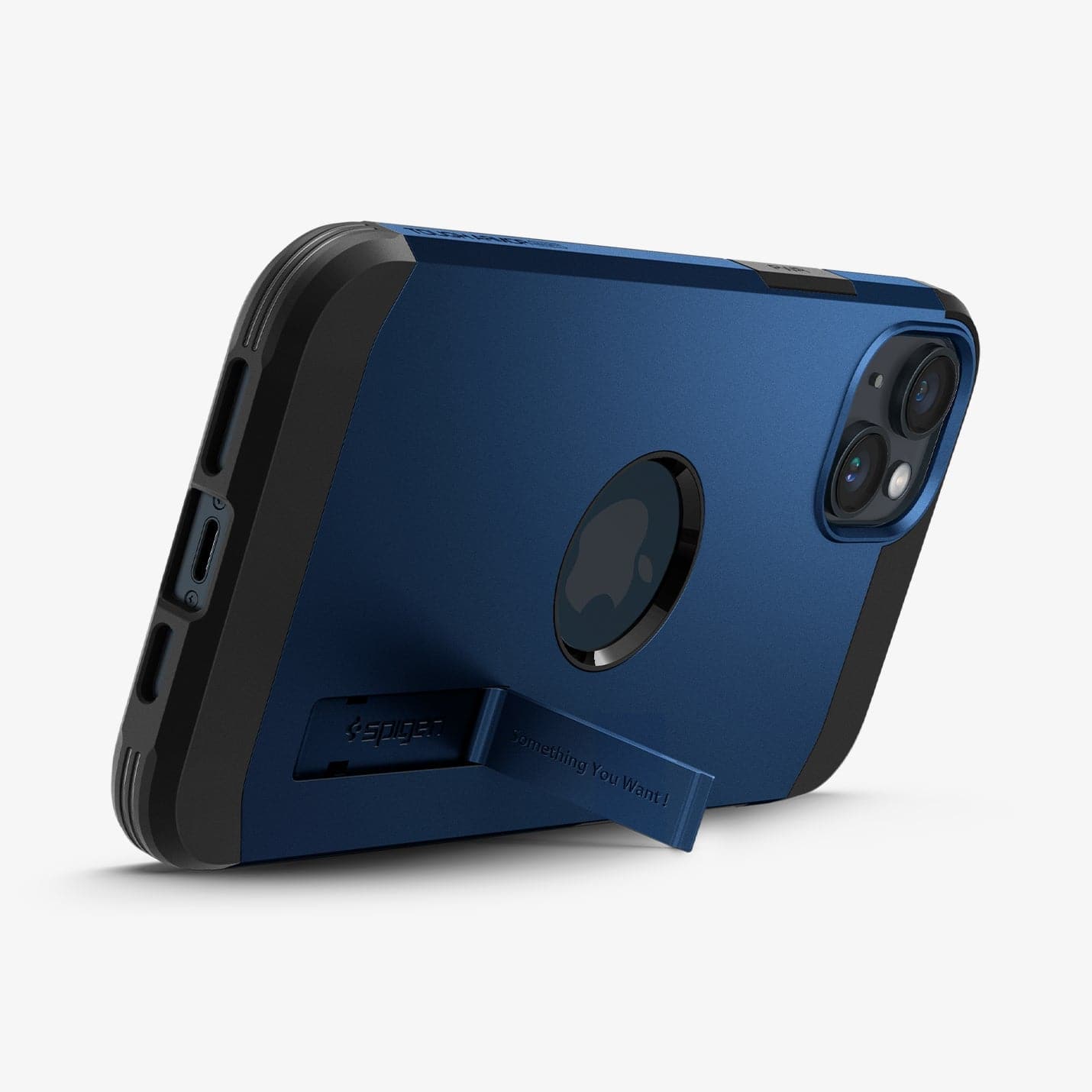 ACS05064 - iPhone 14 Case Tough Armor (MagFit) in navy blue showing the device being propped up horizontally by built in kickstand