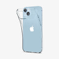 ACS04887 - iPhone 14 Plus Case Liquid Crystal in crystal clear showing the back bending slightly away from device to show the flexibility