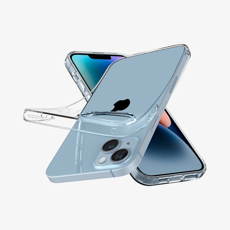 ACS04887 - iPhone 14 Plus Case Liquid Crystal in crystal clear showing the back bending slightly away from device to show the flexibility upside down view, sides and front