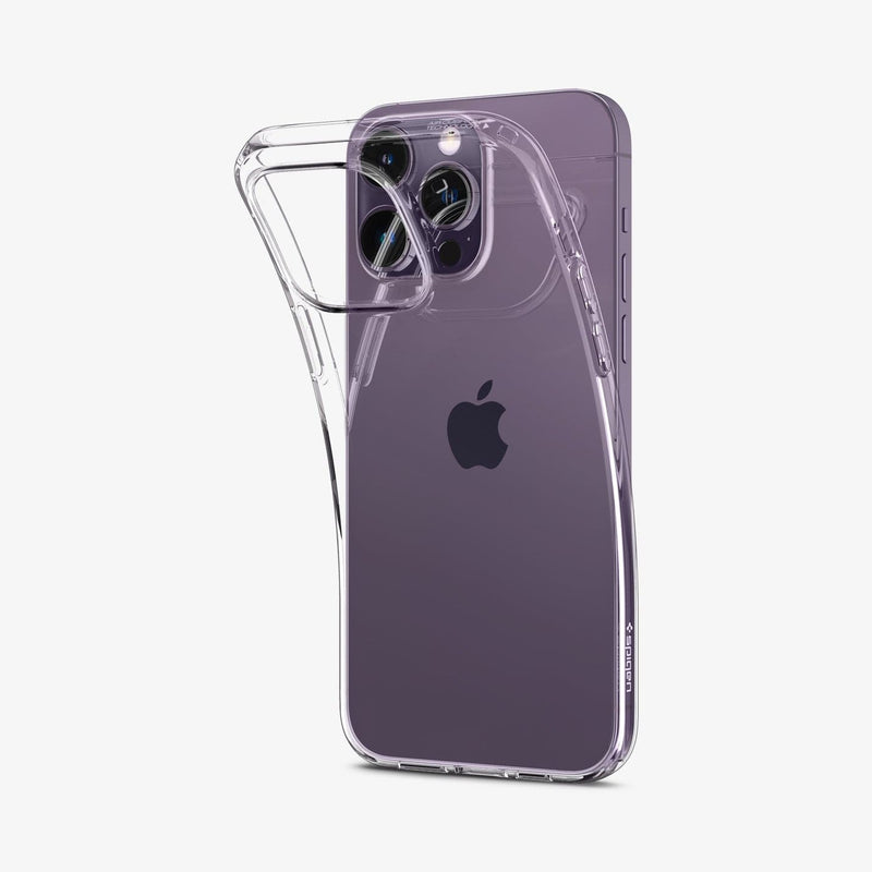 ACS04953 - iPhone 14 Pro Case Liquid Crystal in crystal clear showing the back bending slightly away from device to show the flexibility