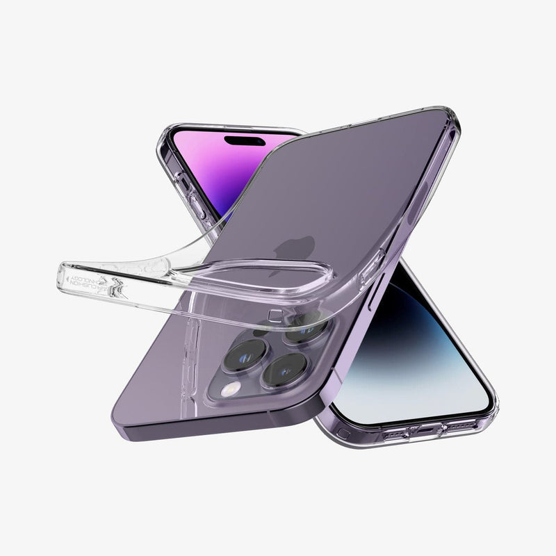 ACS04953 - iPhone 14 Pro Case Liquid Crystal in crystal clear showing the back bending slightly away from device to show the flexibility upside down view