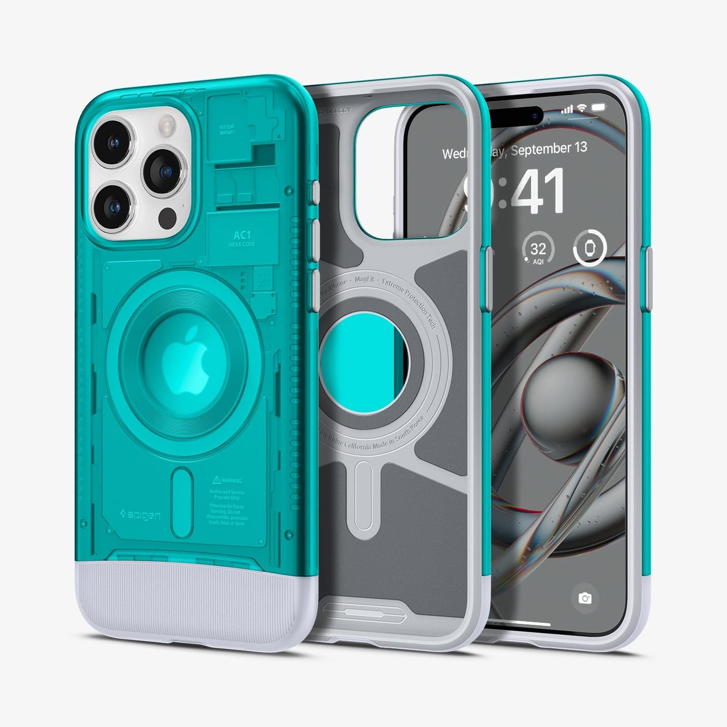ACS06608 - iPhone 15 Pro Max Case Classic C1 (MagFit) in bondi blue showing the back, inside and front