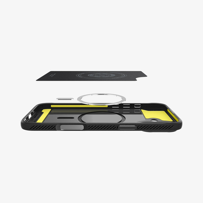 ACS08214 - iPhone 16 Case Rugged Armor (MagFit) in Matte Black showing the detached inner soft layer cover hovering above the detached metal ring plate and the inner of the case