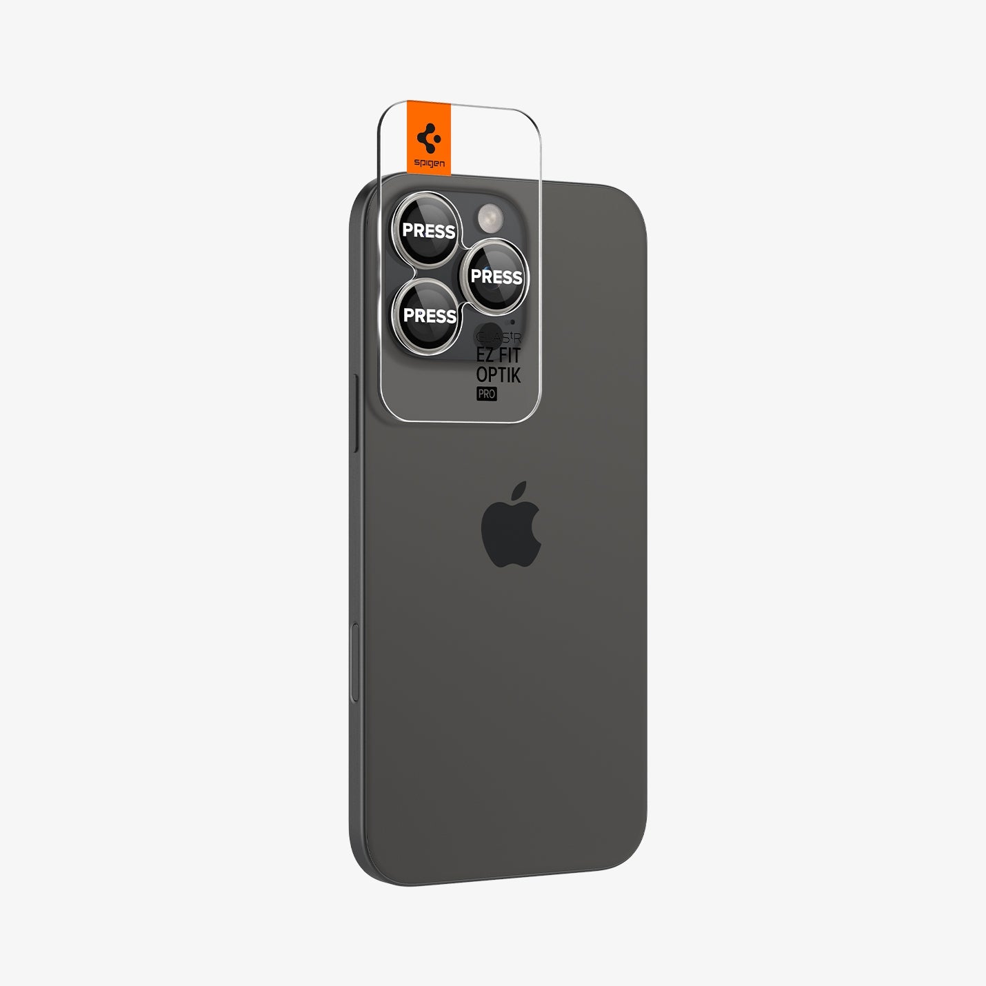 AGL08863 - iPhone 16 Pro Max / iPhone 16 Pro Optik Pro EZ Fit Lens Protector in Bright Silver showing the back with lens protector attached at the camera lens