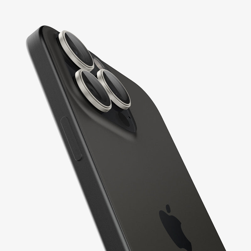 AGL08863 - iPhone 16 Pro Max / iPhone 16 Pro Optik Pro EZ Fit Lens Protector in Bright Silver showing the back and side zoomed in on the camera lens
