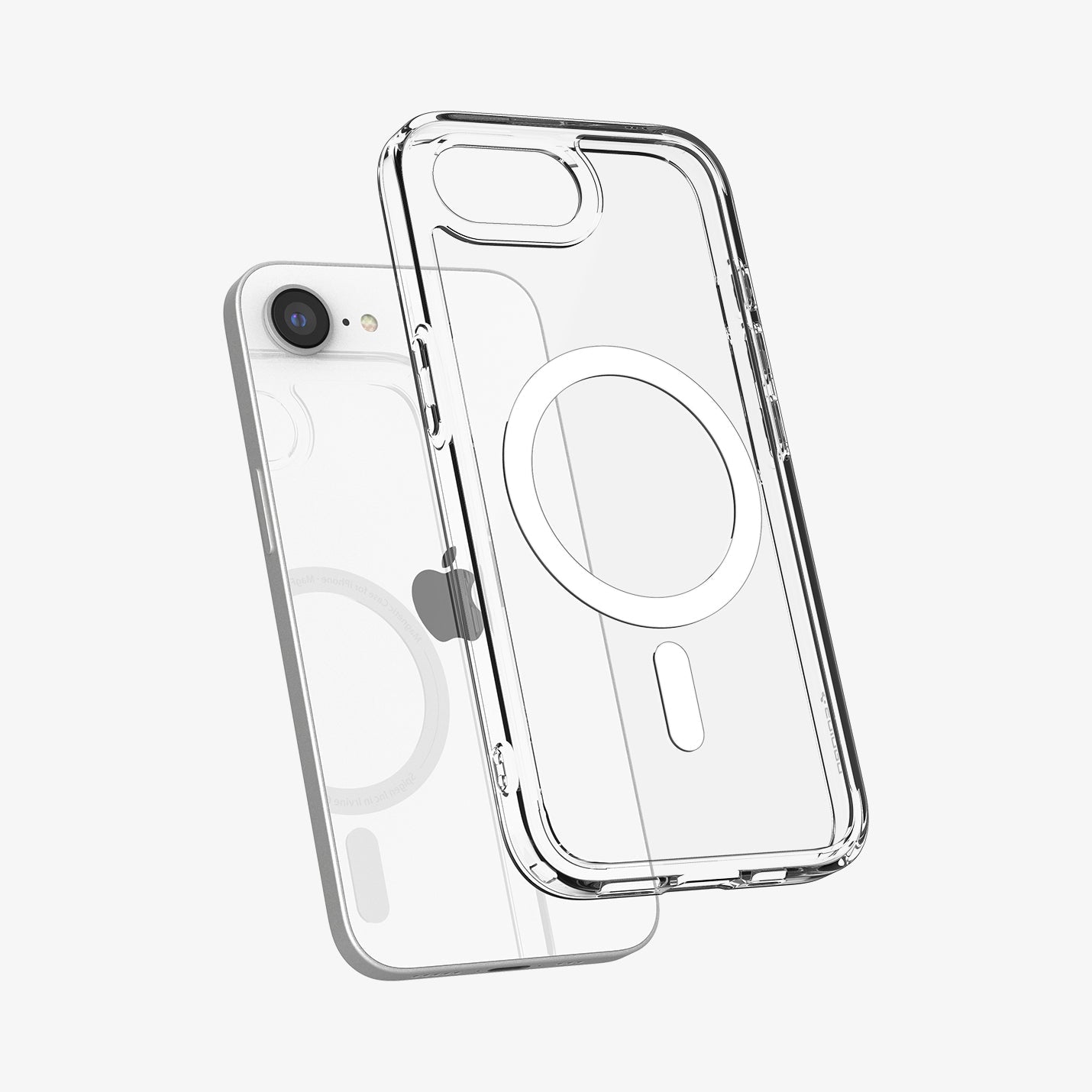 ACS09139 - iPhone 16e Case Ultra Hybrid (MagFit) in Clear White showing the back, partial side and bottom hovering in front of the device