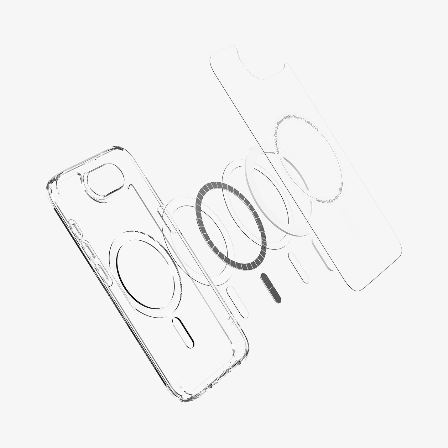 ACS09139 - iPhone 16e Case Ultra Hybrid (MagFit) in Clear White showing the inner layer hovering above the detached metal ring parts and the case