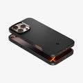 ACS08021 - iPhone 16 Pro Max Sand Blast in Matte Black showing the back and side with case bending away from the device
