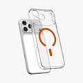 ACS11110 - iPhone 17 Pro Ultra Hybrid (MagFit) in Clear Orange showing the front of layer hovering above the magfit magnet plate and the case