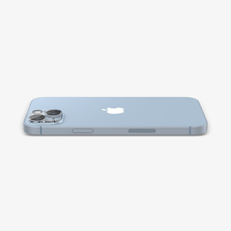 AGL05762 - iPhone 14 / 14 Plus Optik Lens Protector in crystal clear showing the back and side with device laying flat