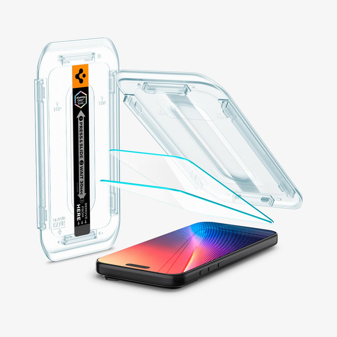 AGL07928 - iPhone 17 Pro / iPhone 17 GLAS.tR EZ Fit | Sensor Protected showing the installation tray hovering above the 2 screen protector and the device, beside it is another installation tray