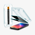 AGL07929 - iPhone 17 Pro GLAS.tR EZ Fit Privacy showing the installation tray hovering above the 2 screen protector and the device, beside it is another installation tray