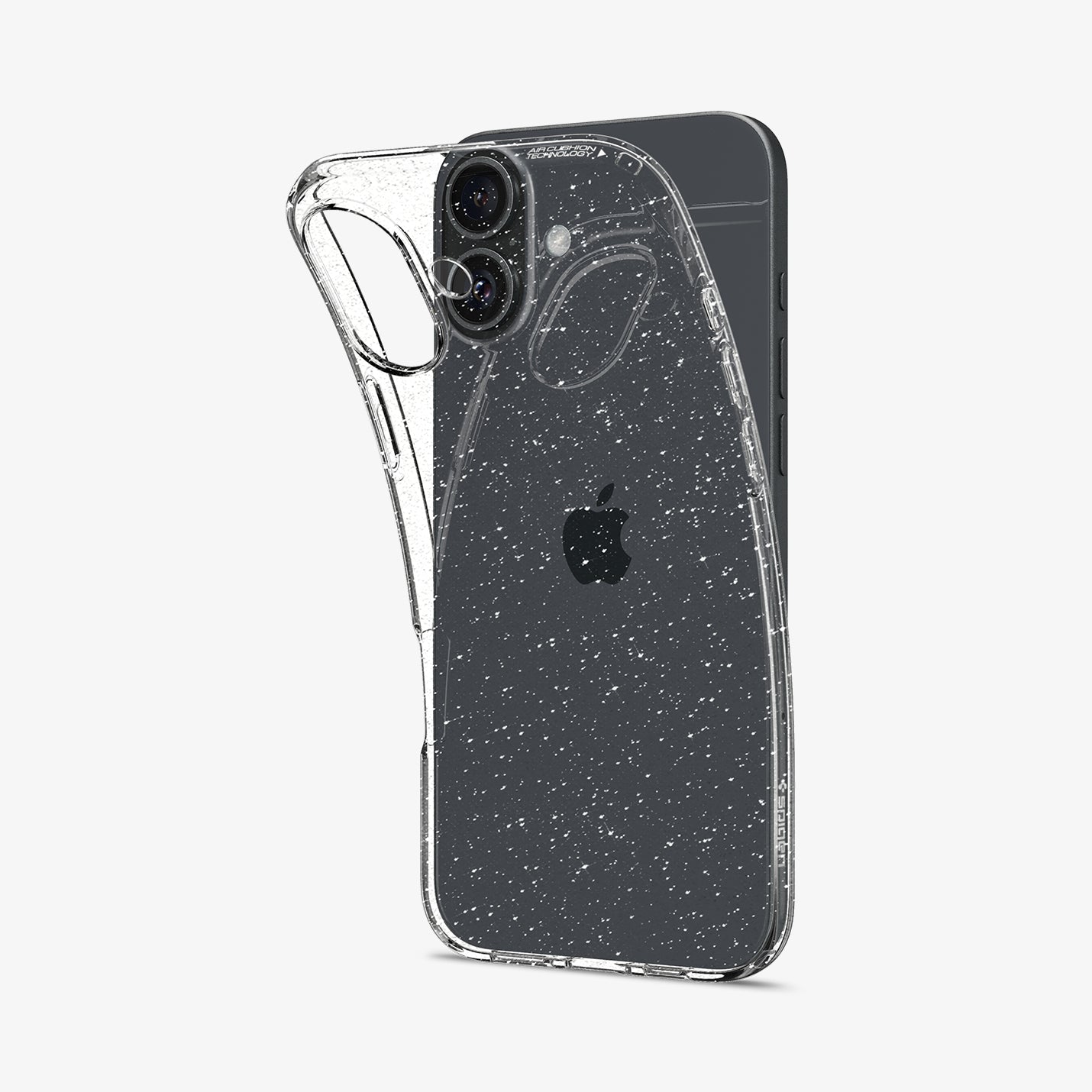 ACS08065 - iPhone 16 Plus Case Liquid Crystal Glitter in Crystal Quartz showing the back, partially peeled off from the device