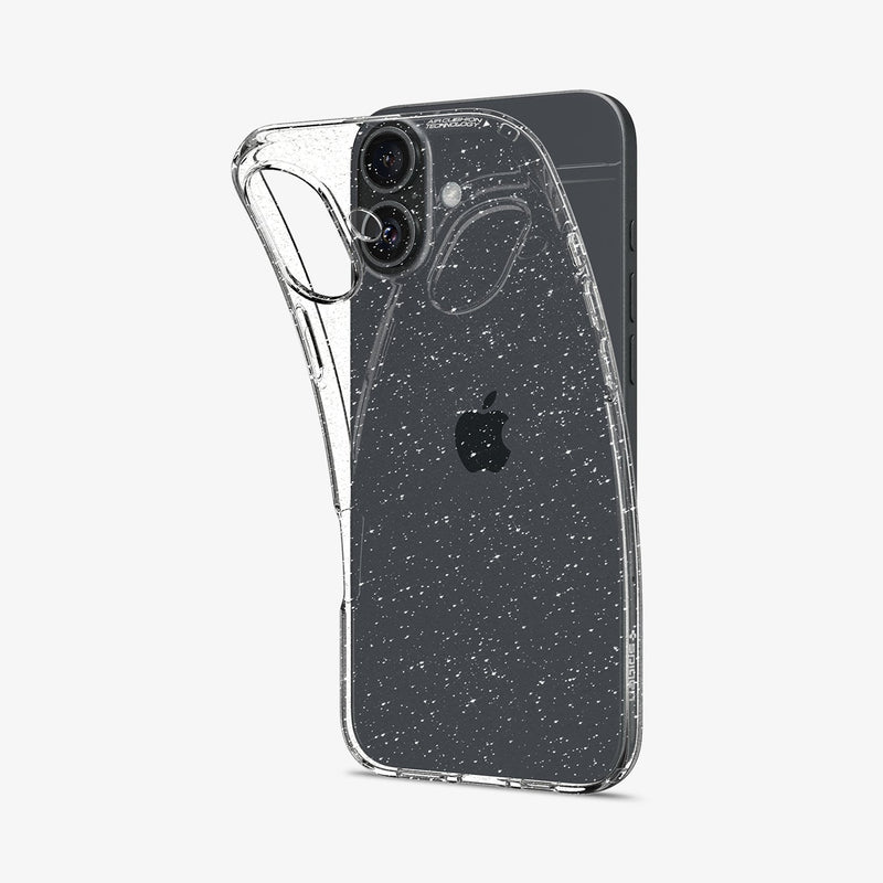 ACS08065 - iPhone 16 Plus Case Liquid Crystal Glitter in Crystal Quartz showing the back, partially peeled off from the device