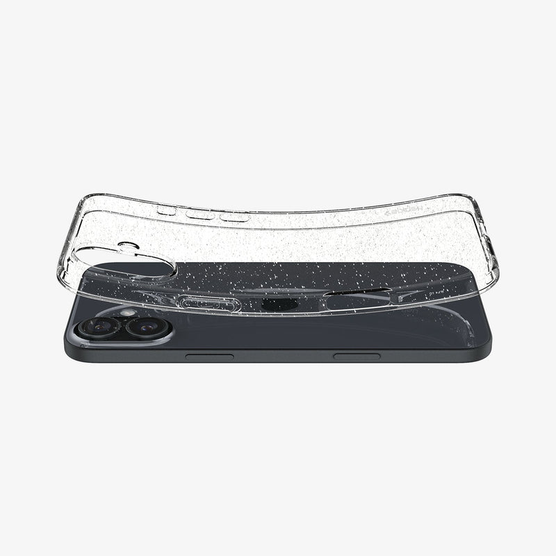 ACS08065 - iPhone 16 Plus Case Liquid Crystal Glitter in Crystal Quartz showing the back, hovering above the device slightly lifted both ends of top and bottom of the case