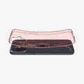 ACS08193 - iPhone 16 Case Liquid Crystal Glitter in Rose Quartz showing the back, hovering above the device slightly lifted both ends of top and bottom of the case