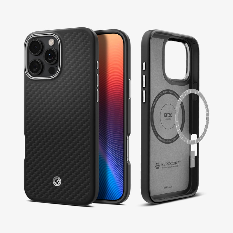 ACS08151 - iPhone 16 Pro Case Enzo Aramid in Black Silver showing the back, partial side and front, metal ring plate detached, hovering in front of the case showing inner side