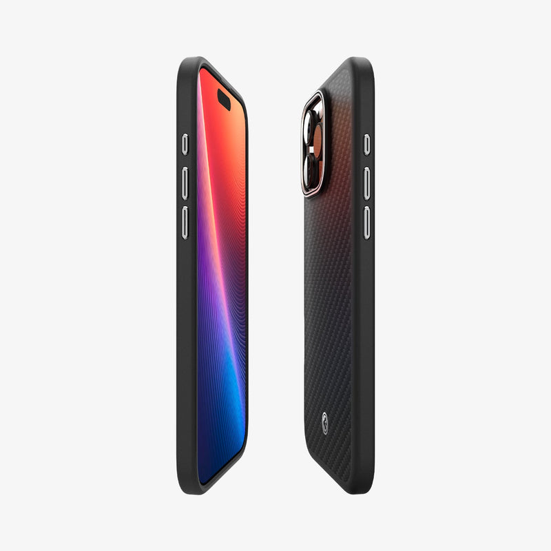 ACS08151 - iPhone 16 Pro Case Enzo Aramid in Black Silver showing the partial back, front, and sides