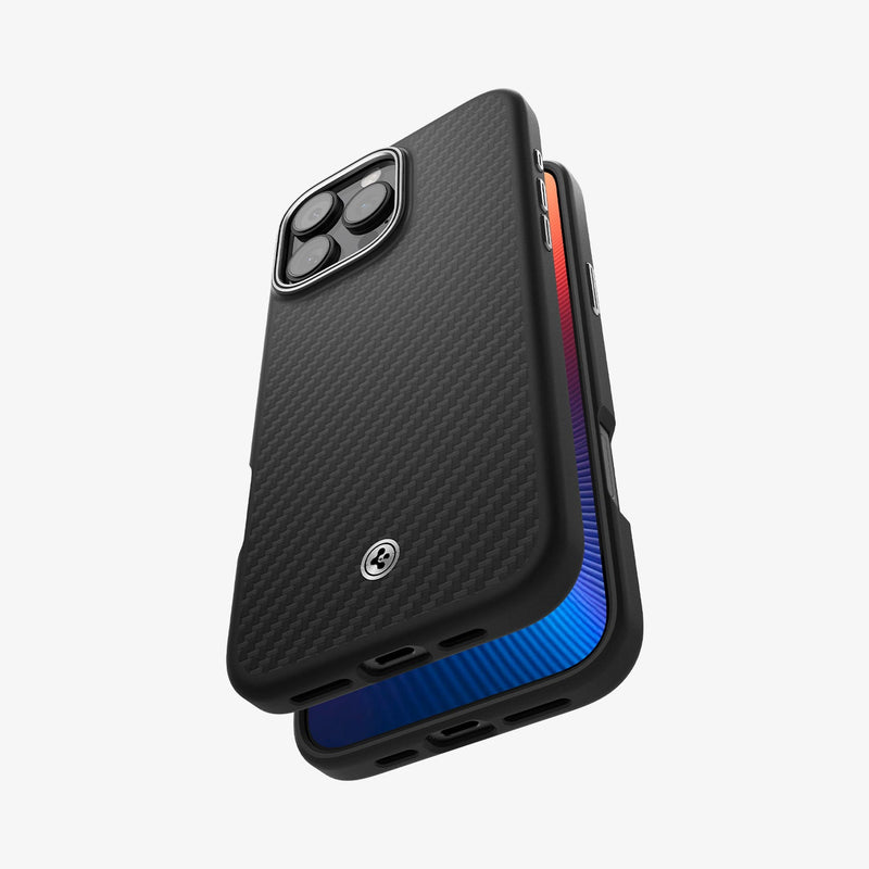 ACS08151 - iPhone 16 Pro Case Enzo Aramid in Black Silver showing the back, side and bottom, hovering in front of a device showing partial side, bottom and front