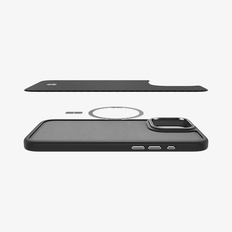 ACS08151 - iPhone 16 Pro Case Enzo Aramid in Black Silver showing the back layer of the case hovering above the detached metal ring plate and the back of the phone case