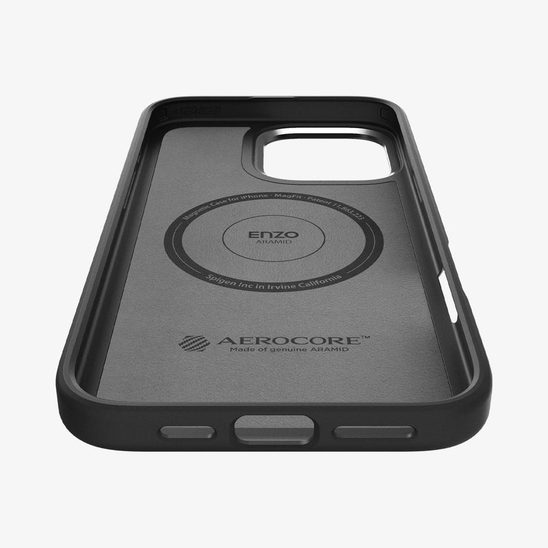 ACS08151 - iPhone 16 Pro Case Enzo Aramid in Black Silver showing the inner case, partial side and top and bottom, zoomed in
