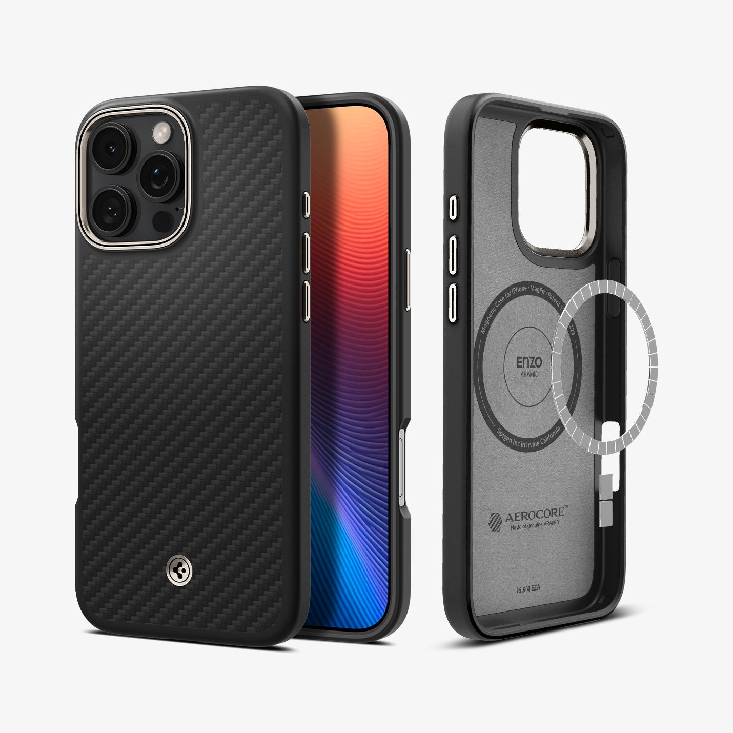 ACS08508 - iPhone 16 Pro Case Enzo Aramid in Black Natural showing the back, partial side and front, metal ring plate detached, hovering in front of the case showing inner side