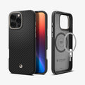 ACS08501 - iPhone 16 Pro Max Case Enzo Aramid in Black Natural showing the back, partial side and front, metal ring plate detached, hovering in front of the case showing inner side