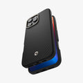 ACS08508 - iPhone 16 Pro Case Enzo Aramid in Black Natural showing the back, side and bottom, hovering in front of a device showing partial side, bottom and front