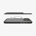 ACS08501 - iPhone 16 Pro Max Case Enzo Aramid in Black Natural showing the back layer of the case hovering above the detached metal ring plate and the back of the phone case