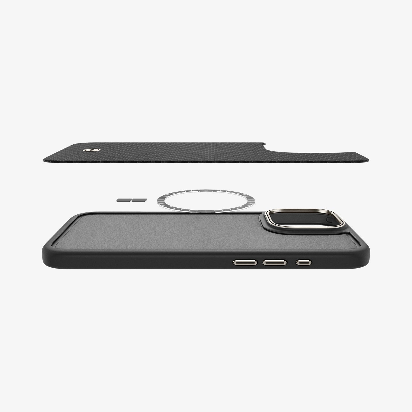 ACS08501 - iPhone 16 Pro Max Case Enzo Aramid in Black Natural showing the back layer of the case hovering above the detached metal ring plate and the back of the phone case