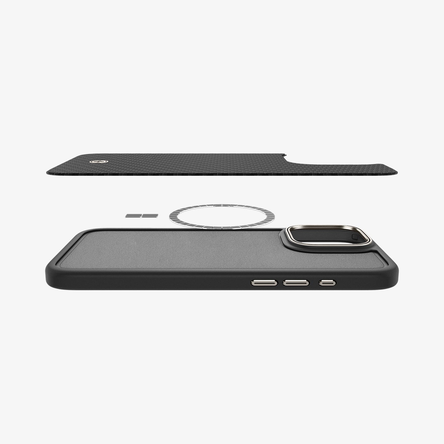 ACS08508 - iPhone 16 Pro Case Enzo Aramid in Black Natural showing the back layer of the case hovering above the detached metal ring plate and the back of the phone case