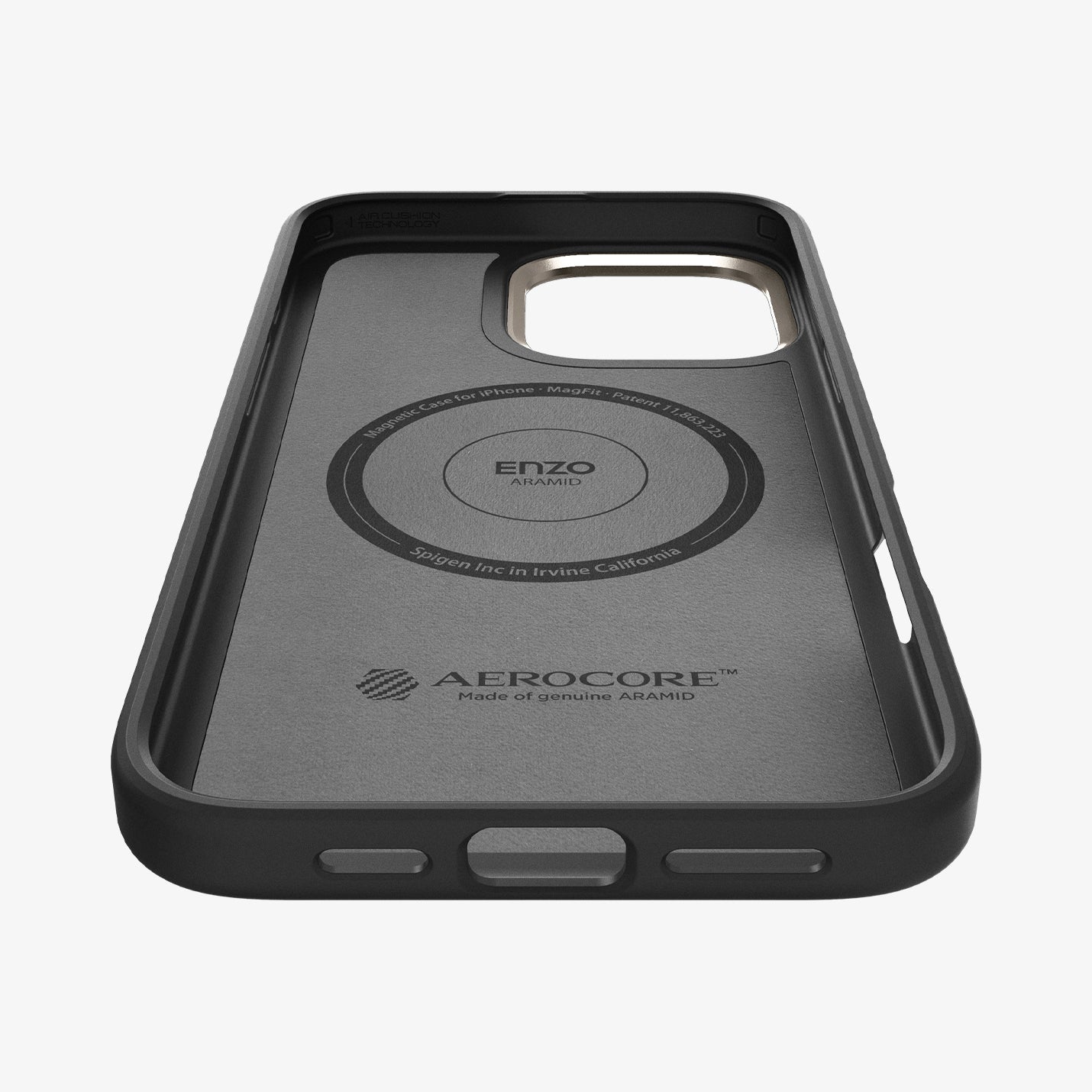 ACS08508 - iPhone 16 Pro Case Enzo Aramid in Black Natural showing the inner case, partial side and top and bottom, zoomed in