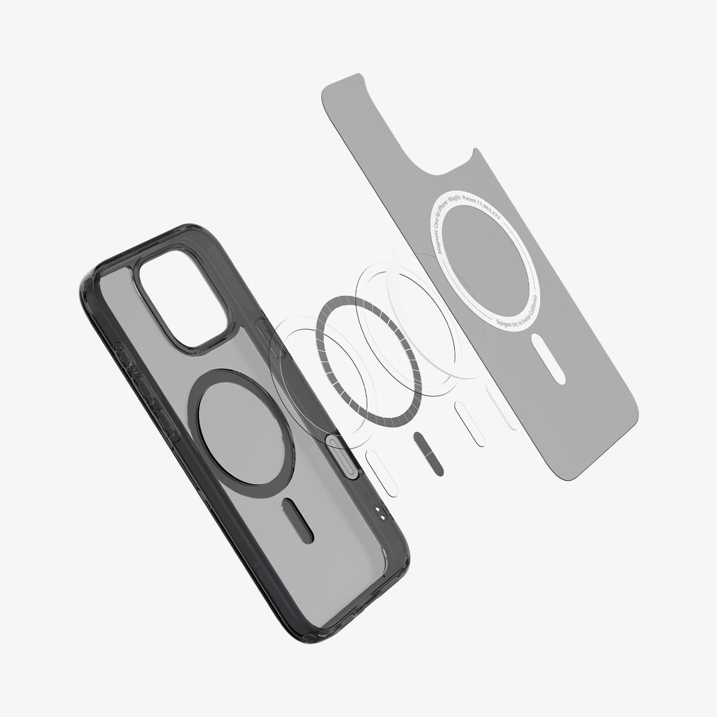 ACS08507 - iPhone 16 Pro Max Case Ultra Hybrid T (MagFit) in Frost Black showing the inner layer hovering above the detached metal ring plate and the back case