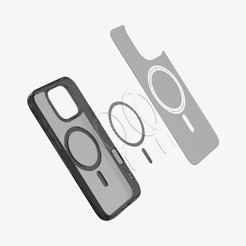 ACS08507 - iPhone 16 Pro Max Case Ultra Hybrid T (MagFit) in Frost Black showing the inner layer hovering above the detached metal ring plate and the back case