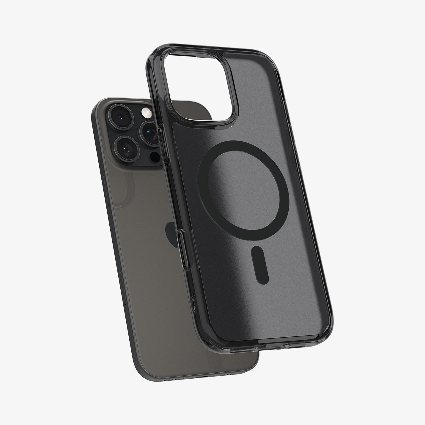 ACS08507 - iPhone 16 Pro Max Case Ultra Hybrid T (MagFit) in Frost Black showing the back, hovering above the device