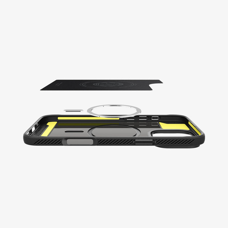 ACS08115 - iPhone 16 Pro Case Rugged Armor (MagFit) in Matte Black showing the detached inner soft layer cover hovering above the detached metal ring plate and the inner of the case