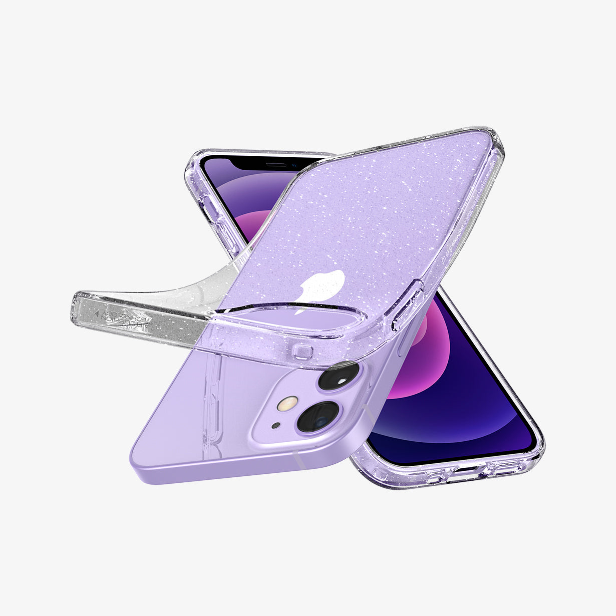 ACS01741 - iPhone 12 Mini Case Liquid Crystal Glitter in crystal quartz showing the back, front and sides with case bending away from device