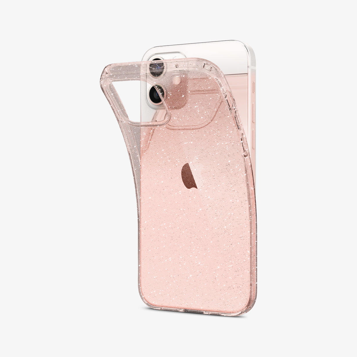ACS01742 - iPhone 12 Mini Case Liquid Crystal Glitter in rose quartz showing the back with case bending away from device
