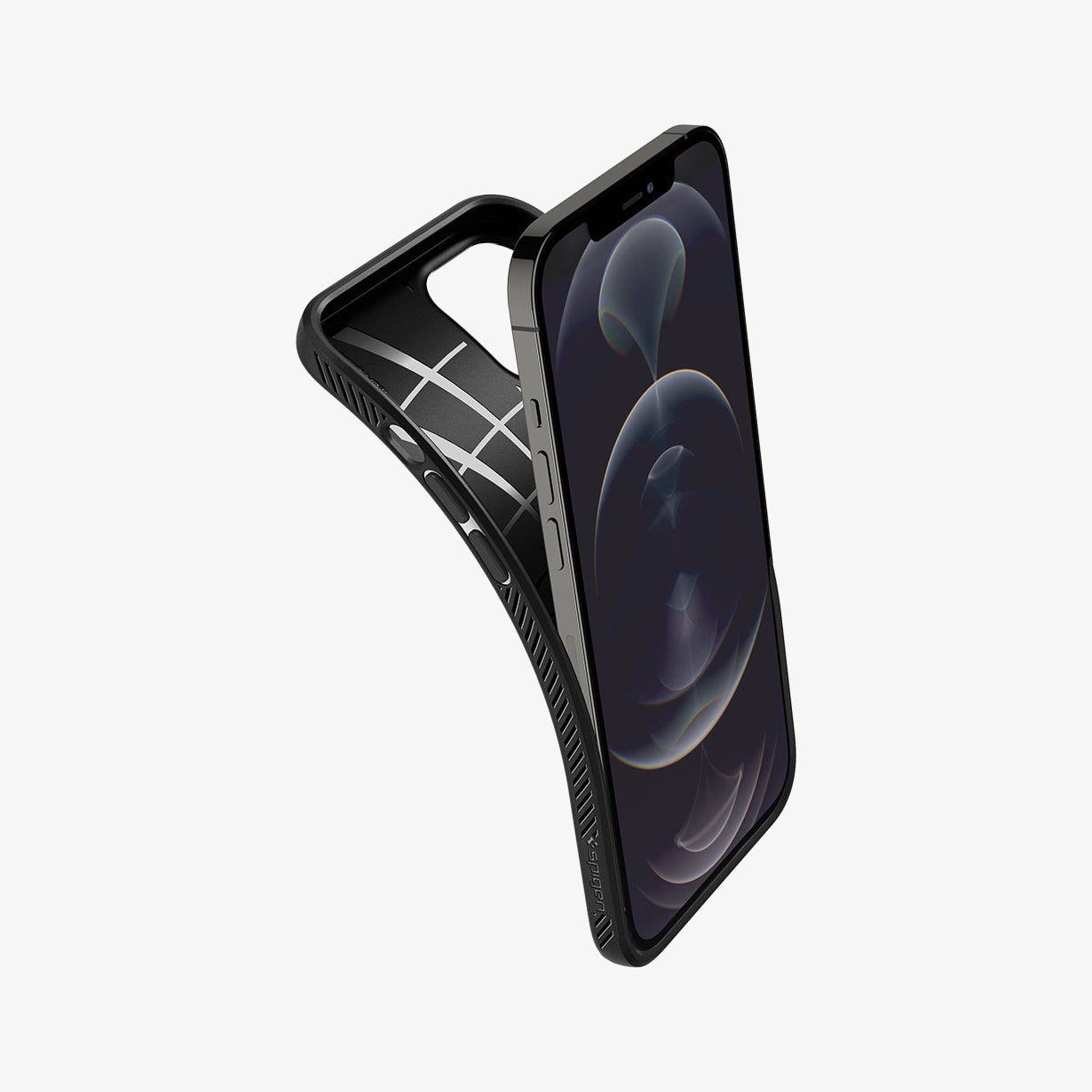 ACS01701 - iPhone 12 Pro / 12 Case Liquid Air in black showing the case bending away from device to show the flexibility