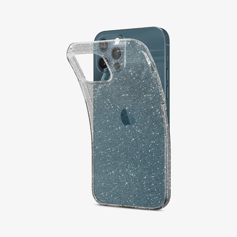 ACS01614 - iPhone 12 Pro Max Case Liquid Crystal Glitter in crystal quartz showing the back with case bending away from device