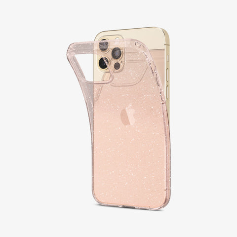 ACS01615 - iPhone 12 Pro Max Case Liquid Crystal Glitter in rose quartz showing the back with case bending away from device