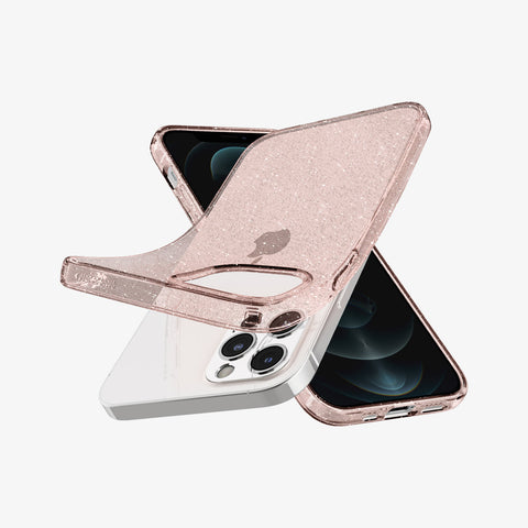 ACS01615 - iPhone 12 Pro Max Case Liquid Crystal Glitter in rose quartz showing the back, front and sides with case bending away from device