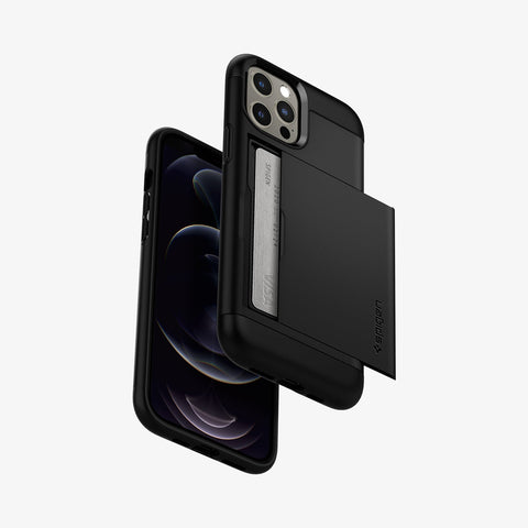 ACS01623 - iPhone 12 Pro Max Case Slim Armor CS in black showing the back, front and sides with card in slot