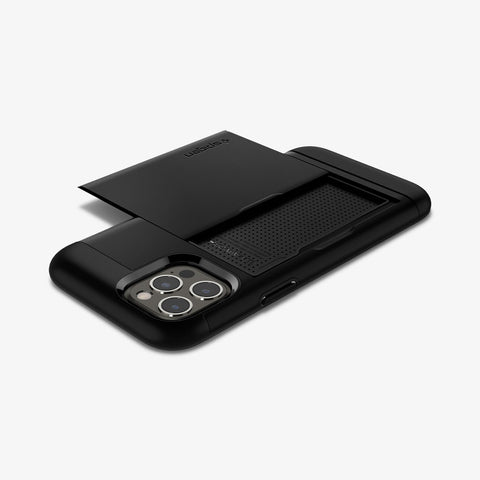 ACS01623 - iPhone 12 Pro Max Case Slim Armor CS in black showing the back, top and side with device laying flat