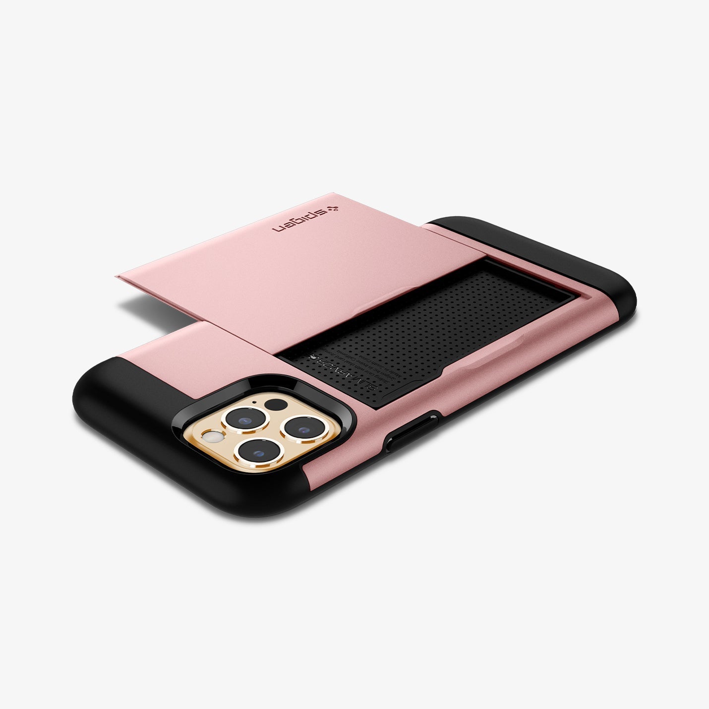 ACS01624 - iPhone 12 Pro Max Case Slim Armor CS in rose gold showing the back, top and side with device laying flat