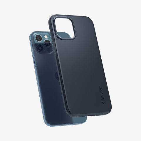 ACS02293 - iPhone 12 Pro Max Case Thin Fit in metal slate showing the back with case hovering away from device