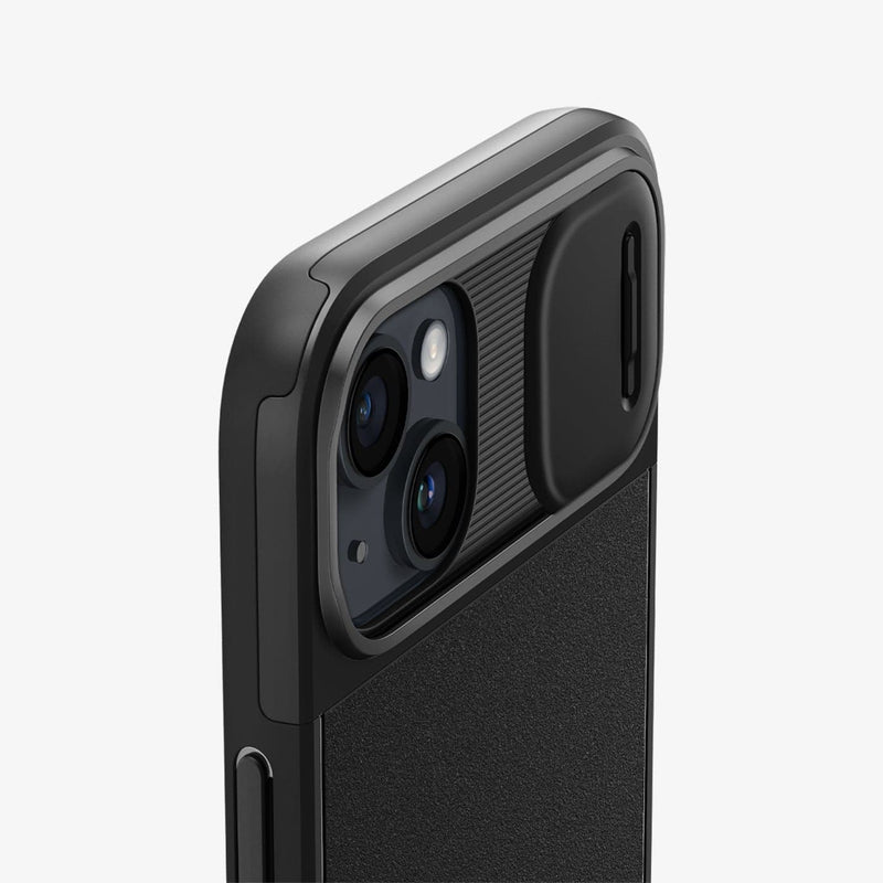 ACS05070 - iPhone 14 Case Optik Armor (MagFit) in black showing the back zoomed in on camera lens with optik lens slot open